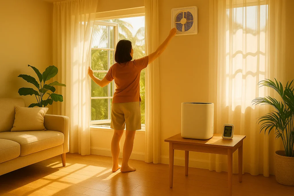 Homeowner improving indoor ventilation with open window, exhaust fan, and dehumidifier