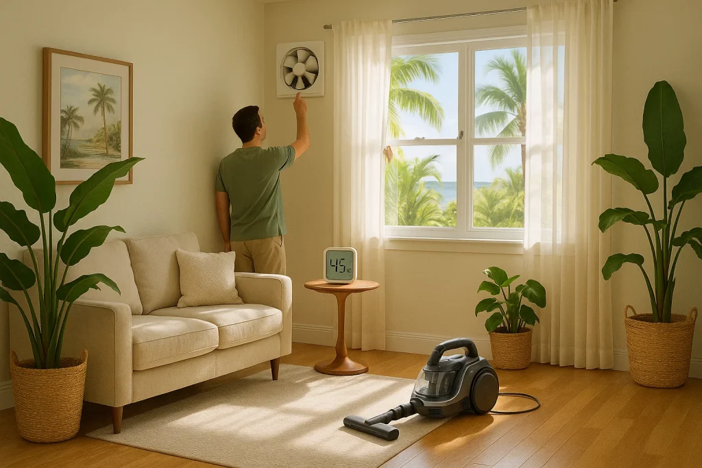 Homeowner improving indoor ventilation with open window, exhaust fan, and hygrometer