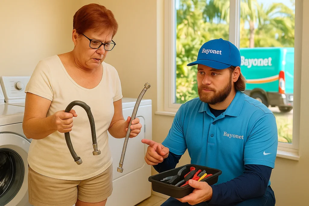 Florida homeowner compares worn washing machine hose with braided steel replacement as plumber