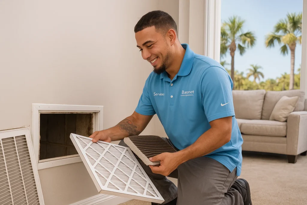 An HVAC technician replacing a air filter