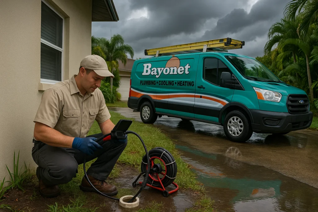 Technician inspects outdoor storm drain with camera technique near Florida home before summer rains