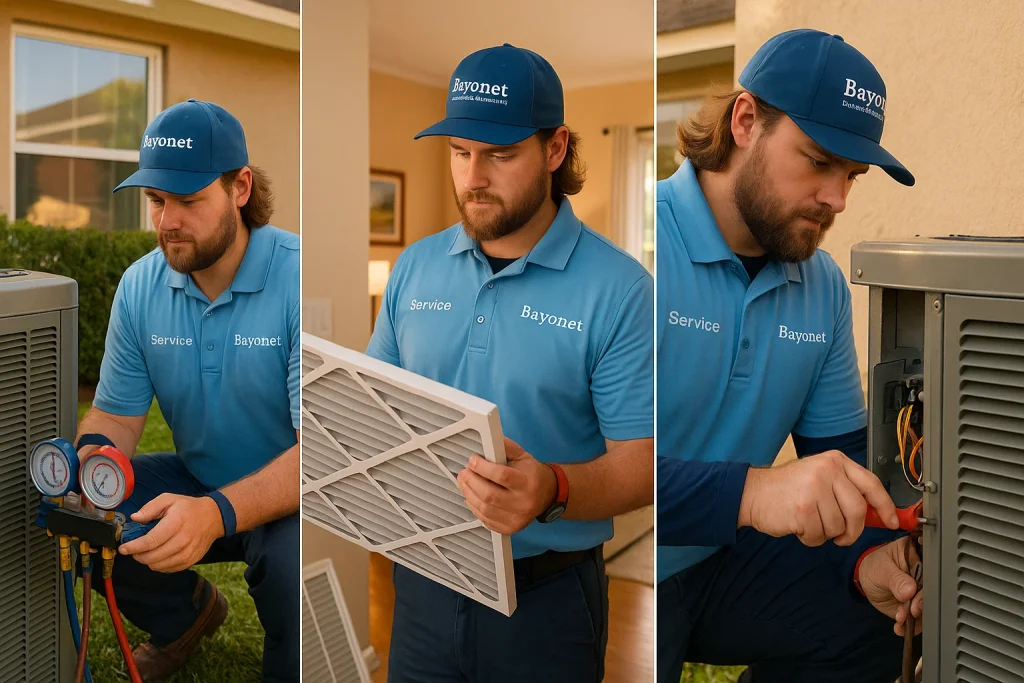 Collage of HVAC tune-up steps at Florida home including filter check and refrigerant test