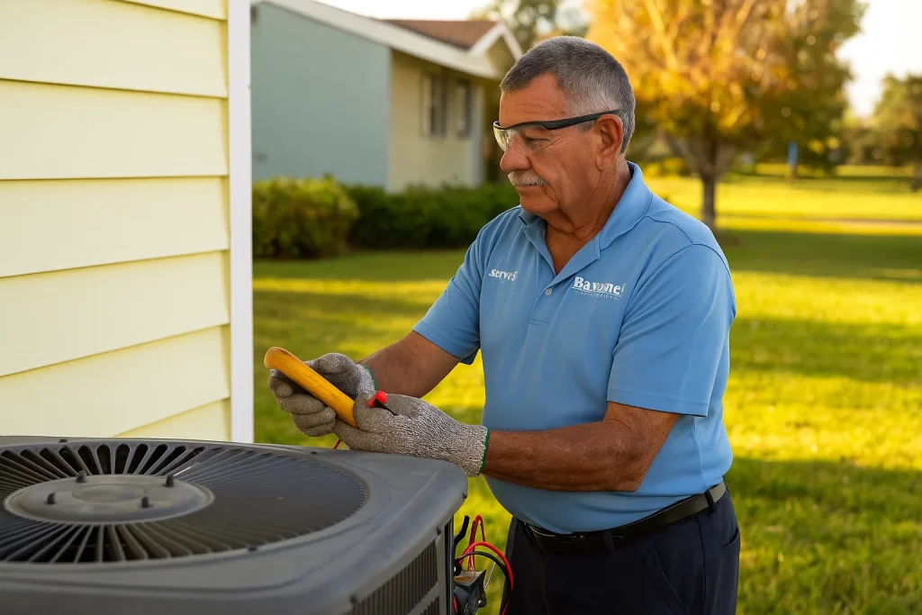 HVAC technician checking electrical connections on a heat pump outdoors in autumn