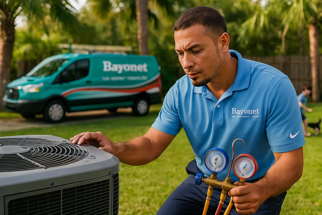 Technician inspecting outdoor heat pump coils in humid Florida backyard