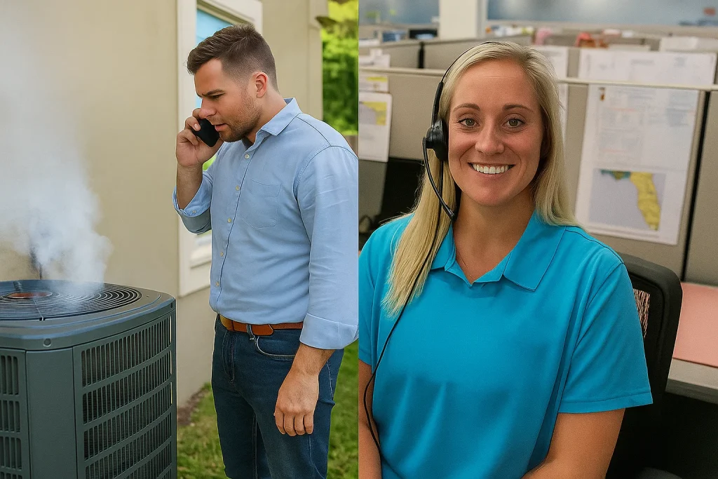 A split screen image of a homeowner calling bayonet on his phone standing in front of his AC unit on the right is a bayonet call representative