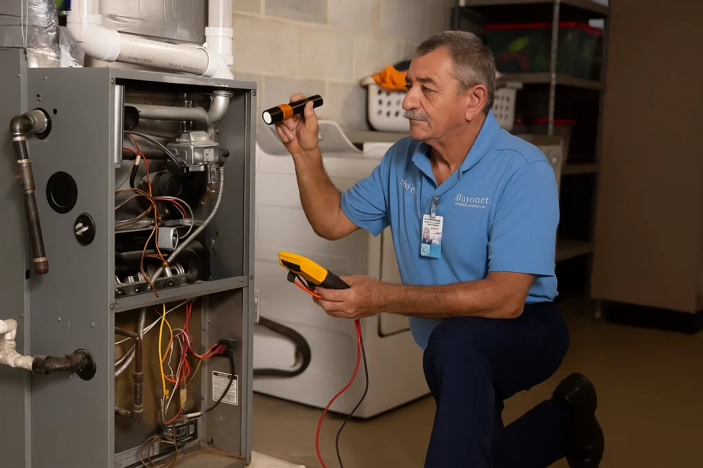 HVAC technician inspecting furnace burner and heat exchanger during safety tune-up