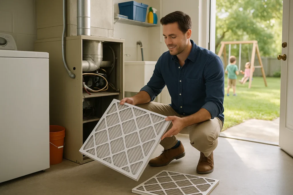 Homeowner replacing dusty furnace filter before first use of season