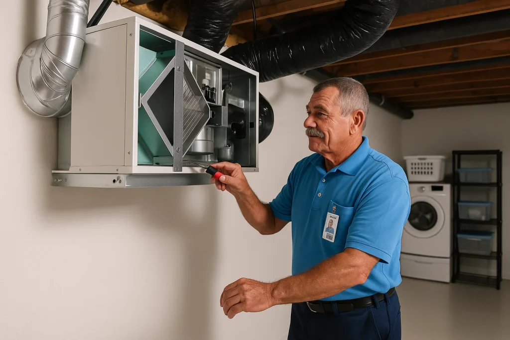 An HVAC technician installing a energy recovery ventilator (ERV)