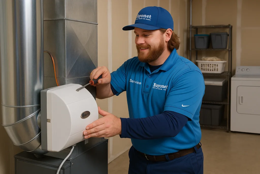 An HVAC technician is installing a whole home humidifier