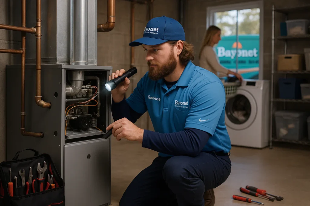 Technician inspecting furnace burners and wiring with flashlight