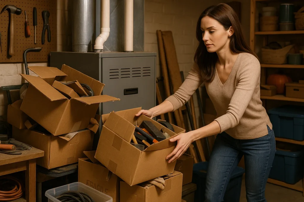 Clearing clutter around furnace in utility room for safety