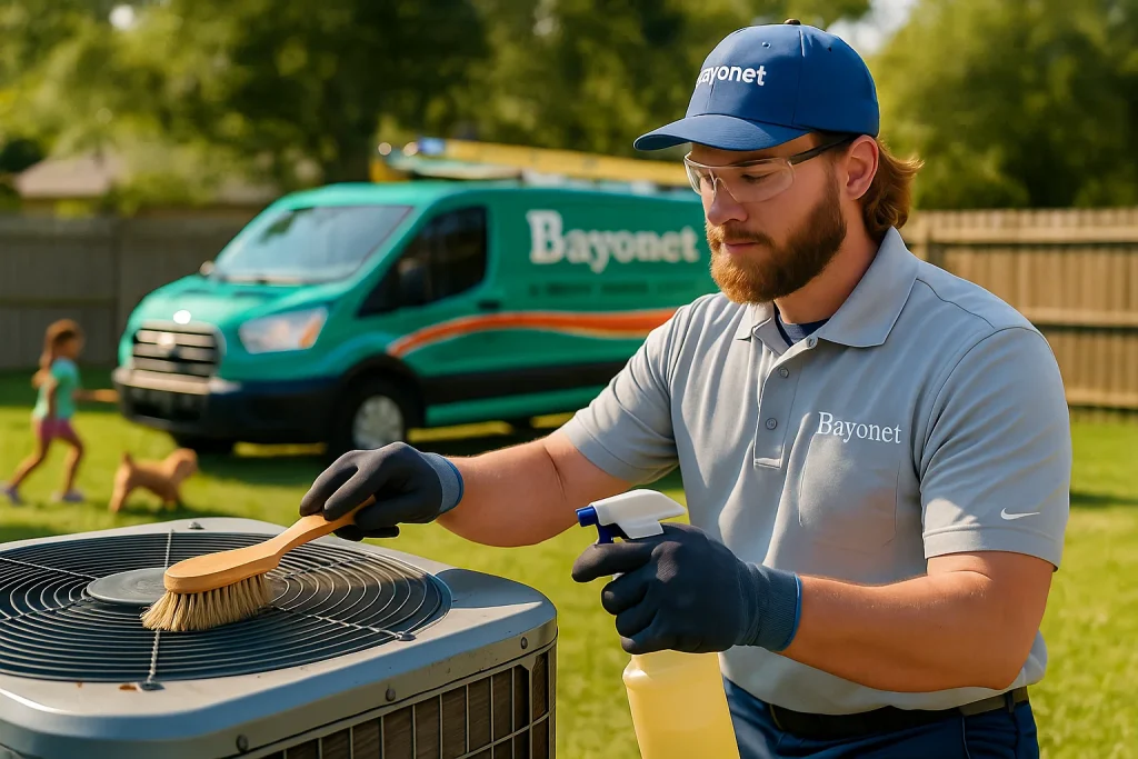HVAC technician cleaning outdoor condenser coils during tune-up