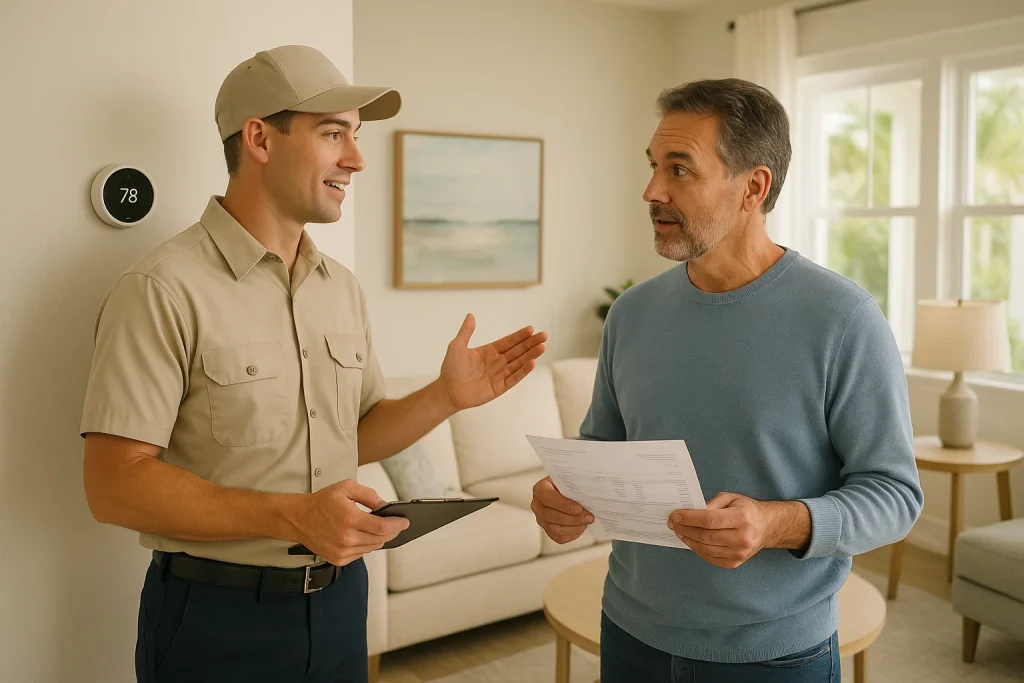 Homeowner discussing energy-saving HVAC maintenance with technician indoors