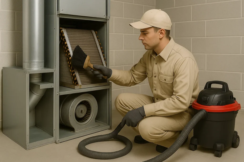 technician cleaning indoor HVAC components with tools and gloves