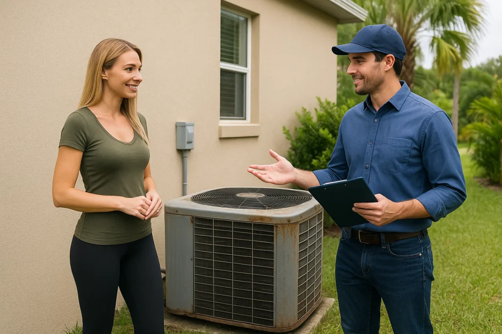A homeowner and an HVAC tech discussing replacing a Heat Pump.