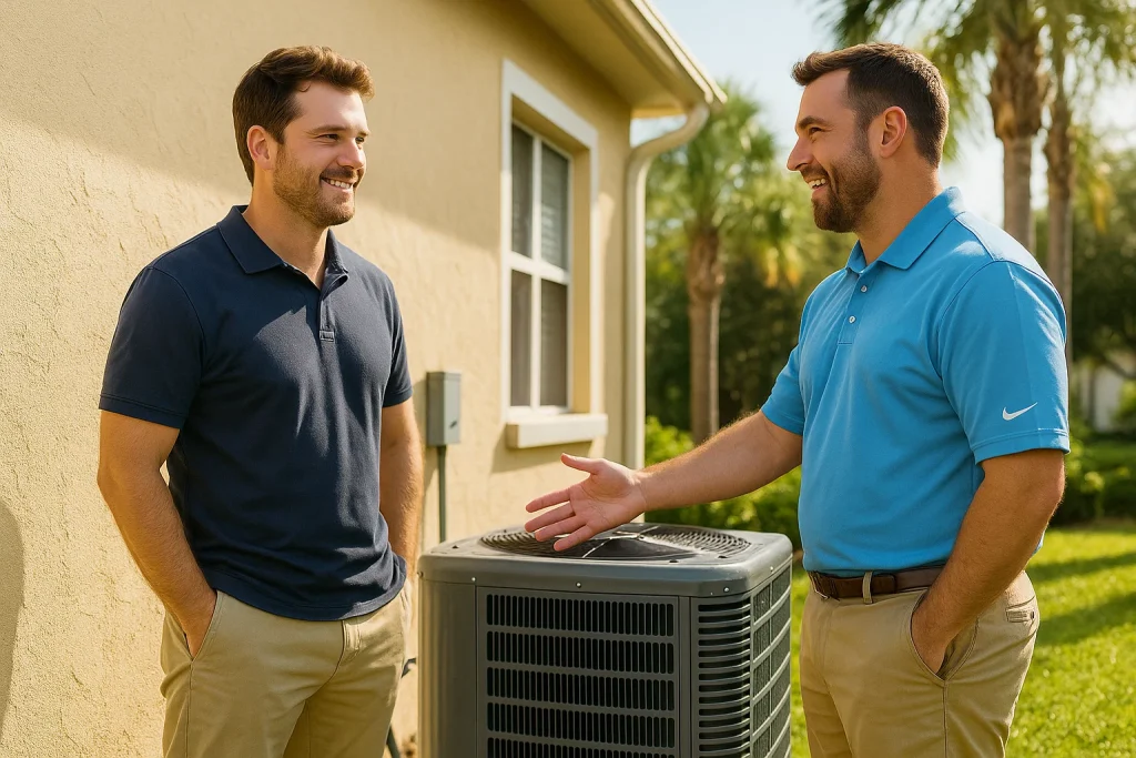 homeowner and technician reviewing new outdoor HVAC condenser installation