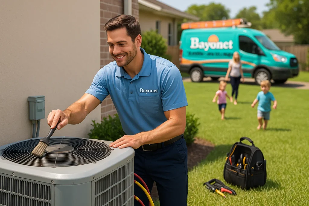 Technician performing preventive maintenance on outdoor HVAC unit