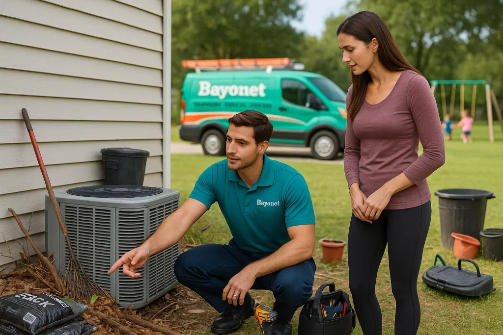 Technician showing homeowner how to do some preventive maintenance on outdoor HVAC unit by removing clutter and debris.