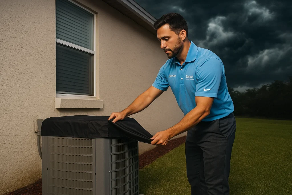 The Baylor at HVAC technician covering an AC condenser unit for a storm