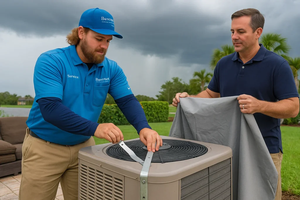 technician securing outdoor AC condenser with hurricane straps before storm in Florida