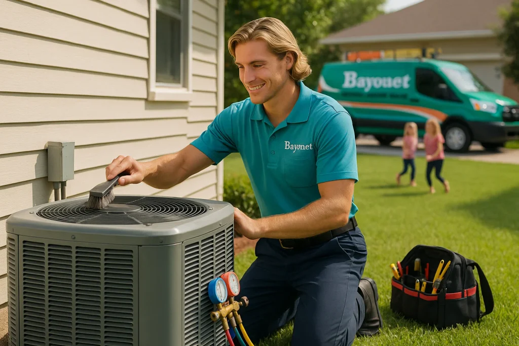 A Bayonet HVAC tech performing routine maintenance on an AC unit.