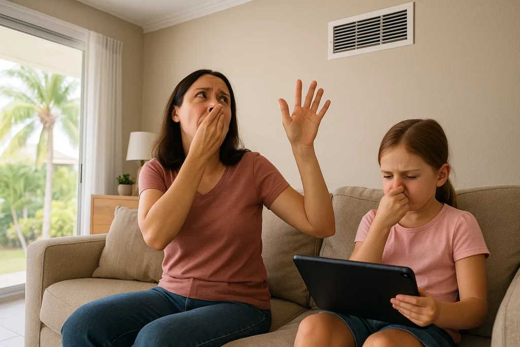 A woman and her daughter sitting in their living room, fighting the smell of vinegar from the AC vent unbearable.