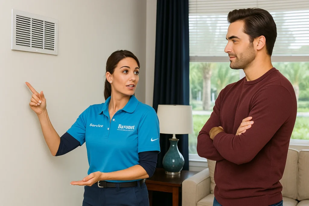 An HVAC tech explaining the benefits of clearing heating vents.