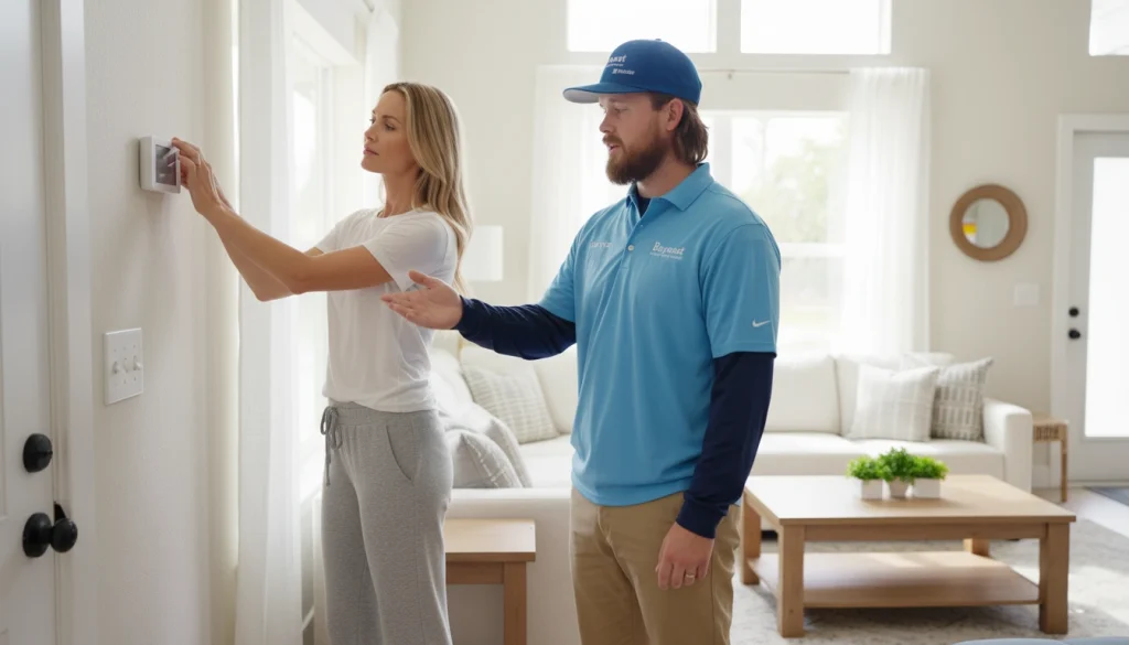 Technician explaining thermostat‑setting myth to homeowner in living room