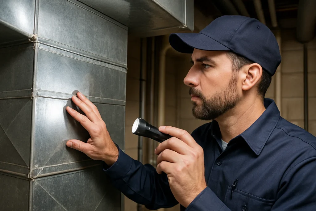Technician inspecting ductwork