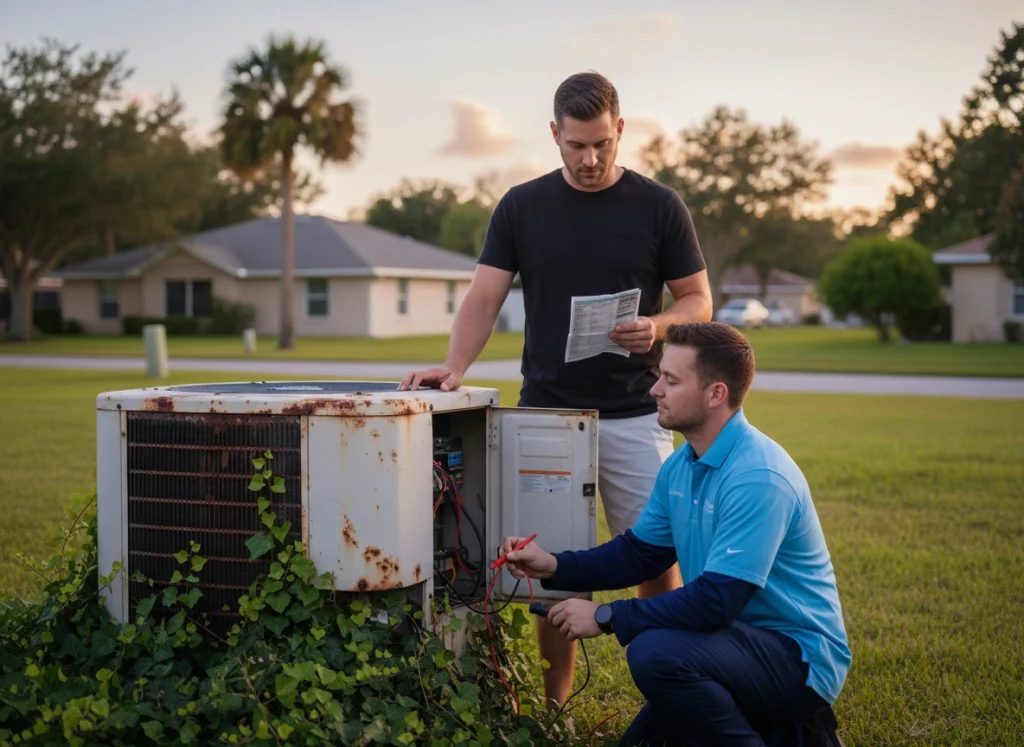 Homeowner evaluates aged outdoor HVAC condenser and rising bills in Florida yard
