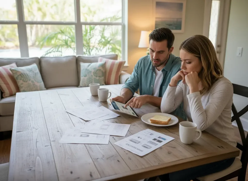A couple budgeting for HVAC repairs at home with a tablet and paperwork spread out on the table.