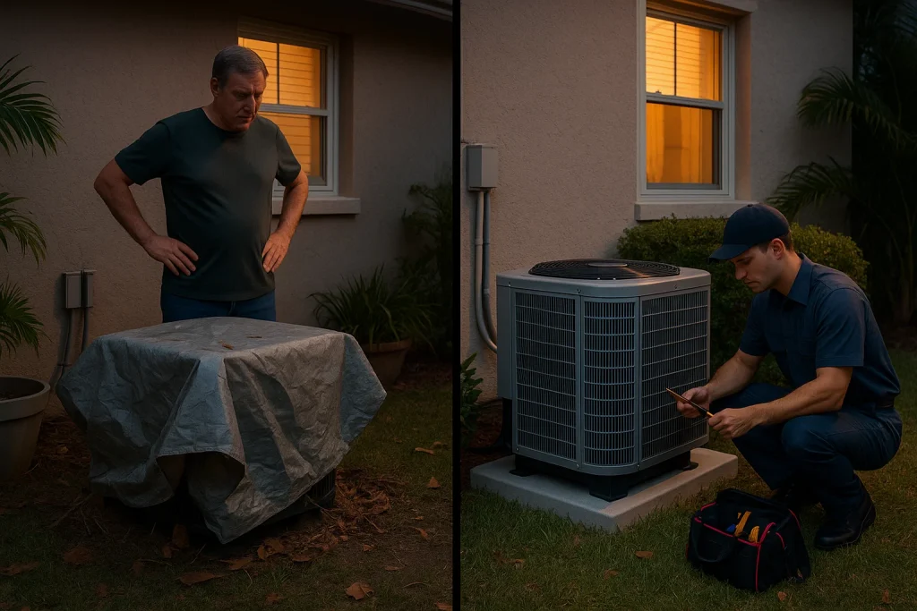 Outdoor scene of two AC units—one incorrectly covered and another well-maintained and uncovered in a Florida yard.