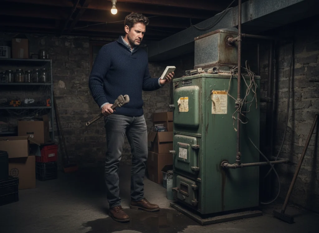 Homeowner assessing whether an aging furnace needs repair or replacement.