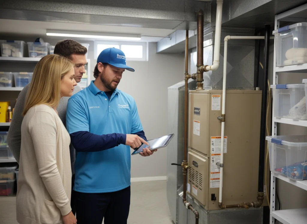 Technician discussing heating system options with couple near older furnace.