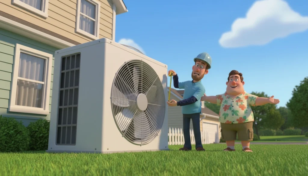 An oversized HVAC unit being installed at a small home