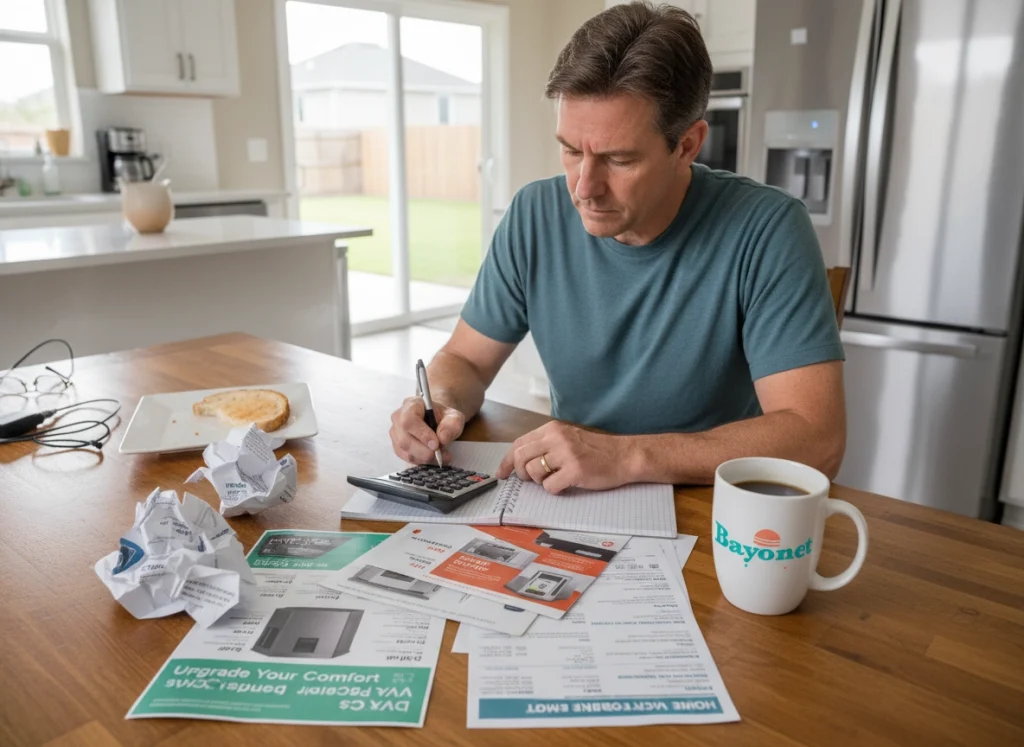 Homeowner calculating HVAC costs using a notepad, calculator, and energy bill.
