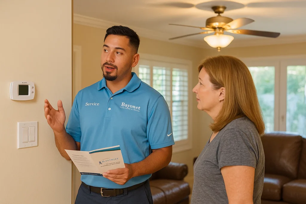 Florida homeowner talking with HVAC technician about thermostat settings