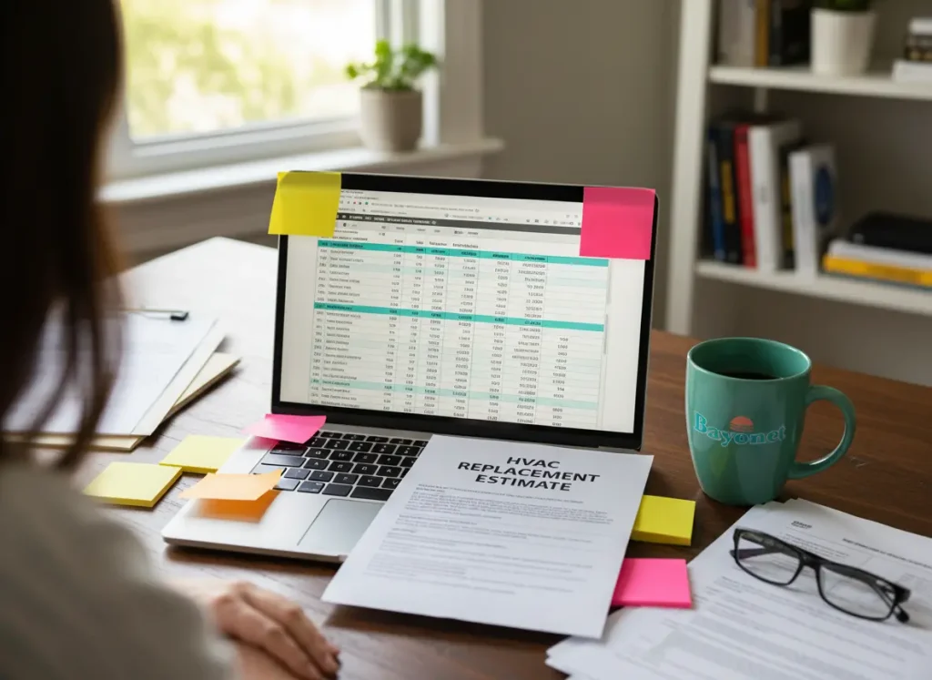 Desk setup with HVAC replacement estimate and budgeting spreadsheet open on laptop.