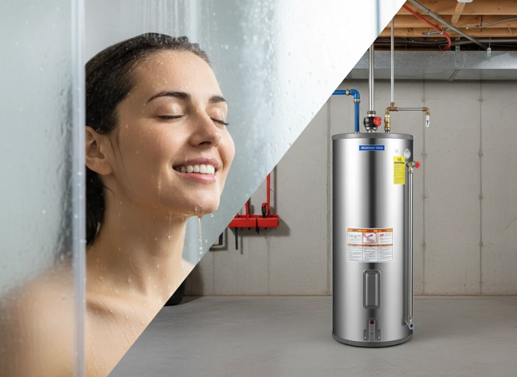 A split screen on one side, a woman enjoying a hot shower on the other side of brand, new hot water heater