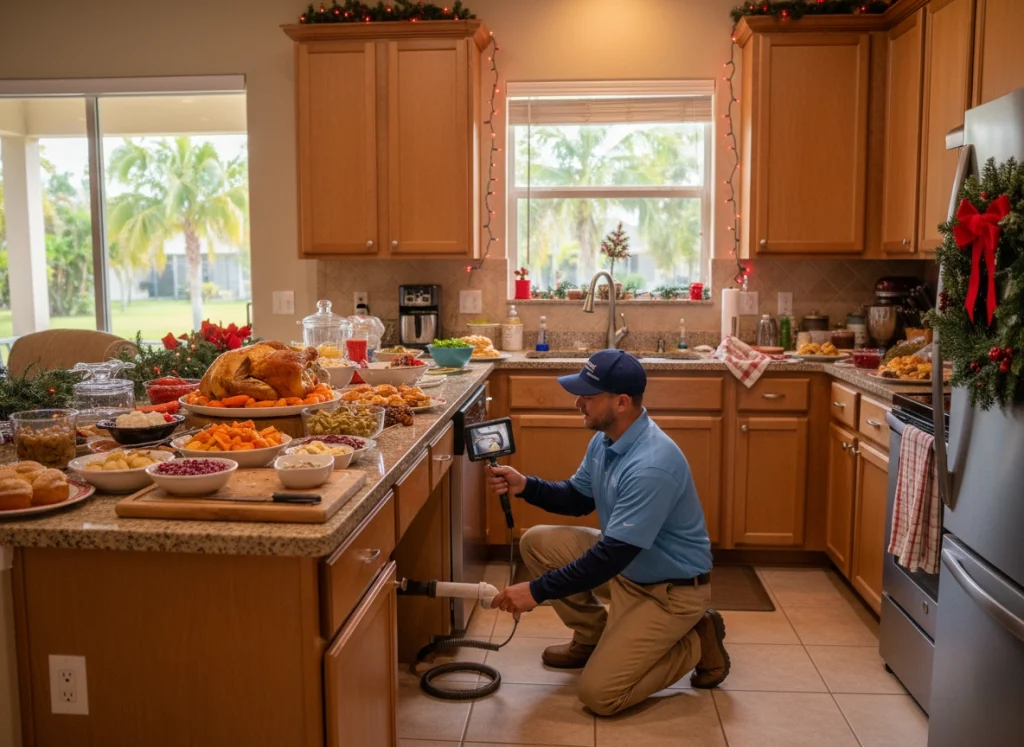 Plumber performing pre‑holiday plumbing inspection in decorated kitchen before holiday hosting