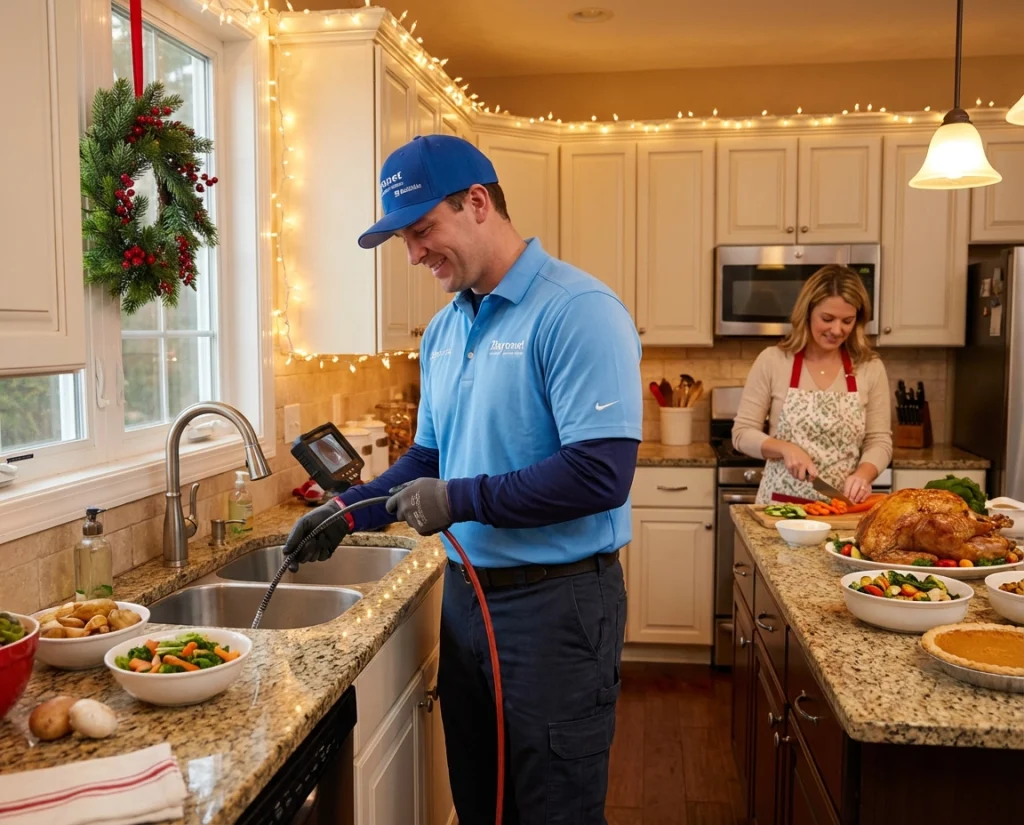 Professional plumber performing pre‑holiday drain cleaning in festive kitchen with family preparing feast