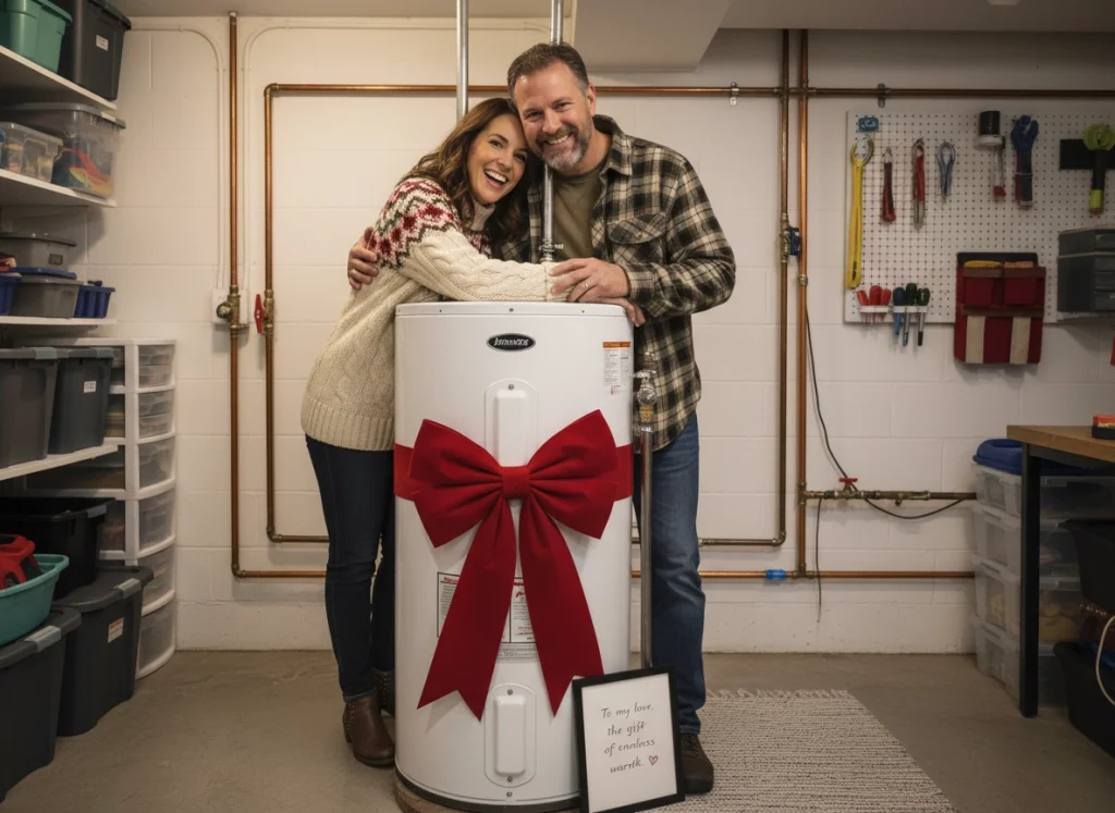 Wife hugging newly installed water heater in tidy basement — celebrating home comfort upgrade