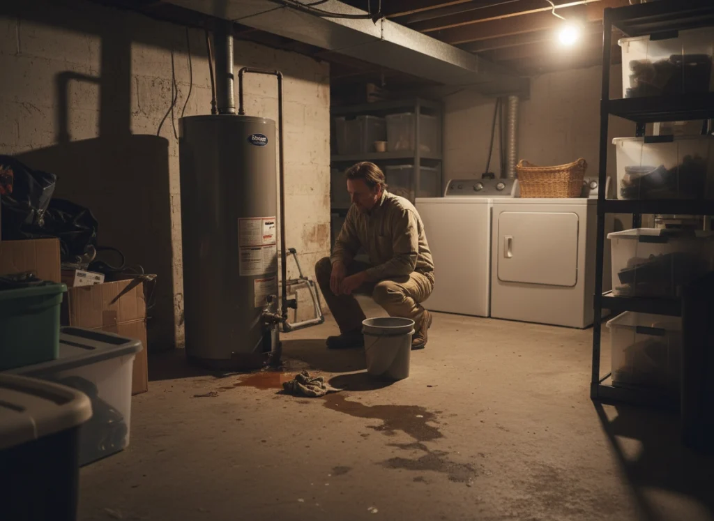 Homeowner inspecting old rust‑stained water heater in basement checking for replacement