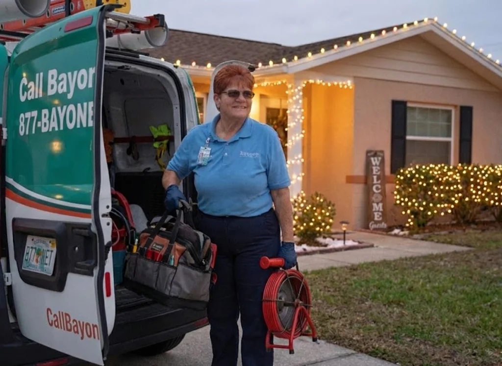 Bayonet female plumber unloading tools from service van at a decorated home before a holiday plumbing checkup.