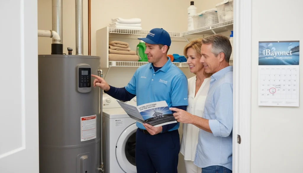 Plumber discussing high‑efficiency water heater with Florida homeowners for upgrade