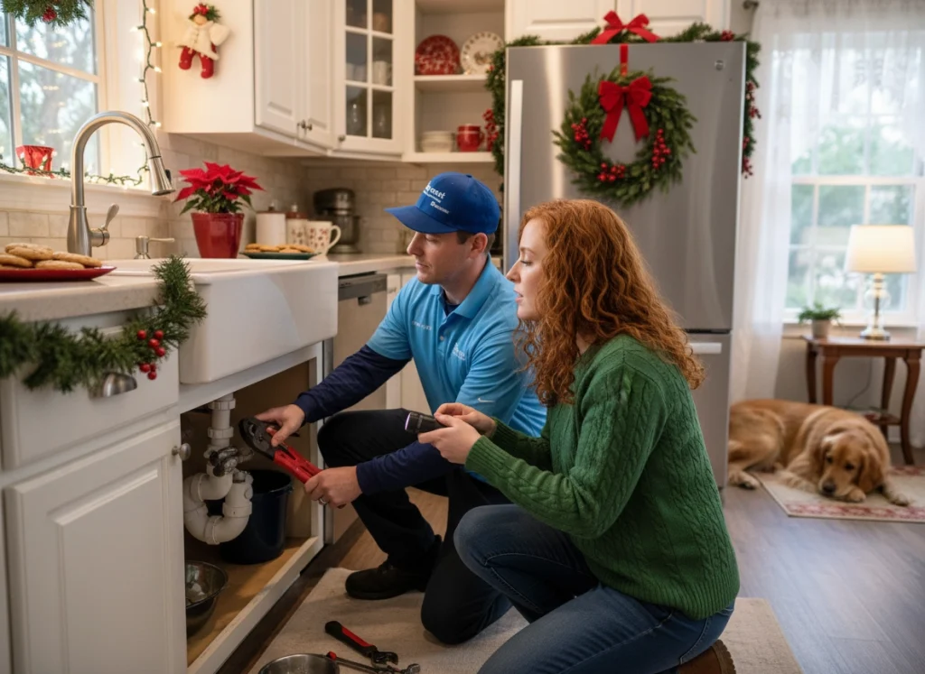 Professional plumber inspecting kitchen sink plumbing in holiday‑decorated home before hosting guests