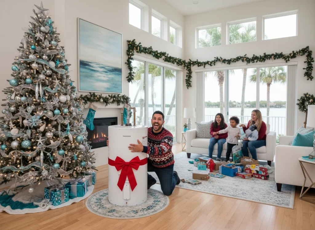 A family gathered Round the living room, which is decorated for Christmas as a husband. Hugs a new water heater.