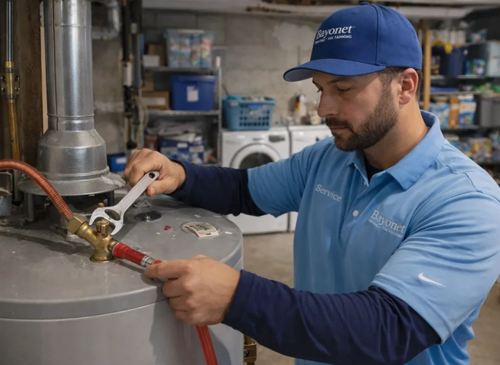 Technician performing winter maintenance on a residential water heater in Florida utility room