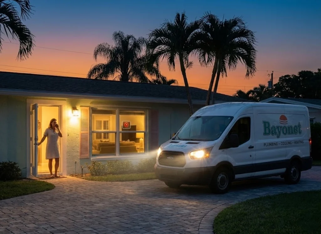 Florida homeowner calling for emergency HVAC service at night as Bayonet van arrives.