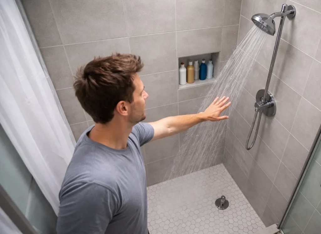 A homeowner checking the cold water temp in the shower.